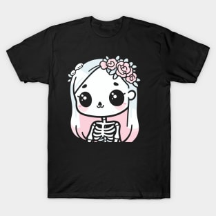 Cute Skeleton Girl with Flowers on Her Hair | Halloween Design in Kawaii Style T-Shirt